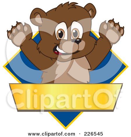Royalty-Free (RF) Clipart Illustration of a Bear Cub School Mascot Logo Over A Blue Diamond And Blank Gold Banner by Mascot Junction