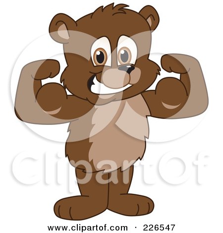 Royalty-Free (RF) Clipart Illustration of a Bear Cub School Mascot Flexing by Mascot Junction