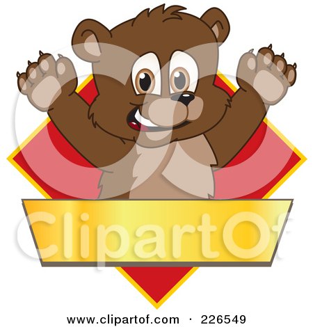 Royalty-Free (RF) Clipart Illustration of a Bear Cub School Mascot Logo Over A Red Diamond And Blank Gold Banner by Mascot Junction