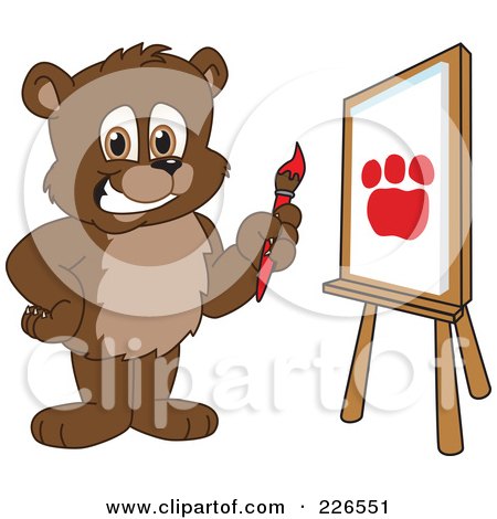 Royalty-Free (RF) Clipart Illustration of a Bear Cub School Mascot Painting A Paw Print On Canvas by Mascot Junction