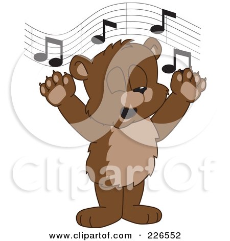 Royalty-Free (RF) Clipart Illustration of a Bear Cub School Mascot Singing by Mascot Junction