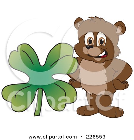 Royalty-Free (RF) Clipart Illustration of a Bear Cub School Mascot With A Four Leaf Clover by Mascot Junction