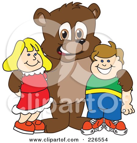 Royalty-Free (RF) Clipart Illustration of a Bear Cub School Mascot With Students by Mascot Junction