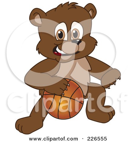 Royalty-Free (RF) Clipart Illustration of a Bear Cub School Mascot Playing Basketball by Mascot Junction