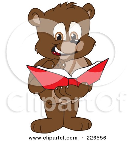 Royalty-Free (RF) Clipart Illustration of a Bear Cub School Mascot Reading A Book by Mascot Junction