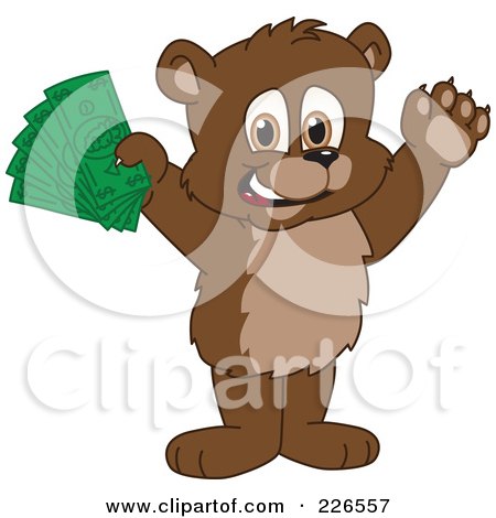 Royalty-Free (RF) Clipart Illustration of a Bear Cub School Mascot Holding Cash by Mascot Junction