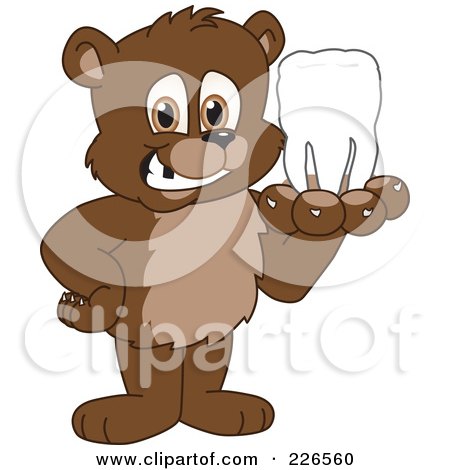 Royalty-Free (RF) Clipart Illustration of a Bear Cub School Mascot Holding A Tooth by Mascot Junction