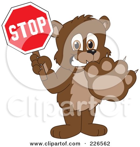 Royalty-Free (RF) Clipart Illustration of a Bear Cub School Mascot Holding A Stop Sign by Mascot Junction