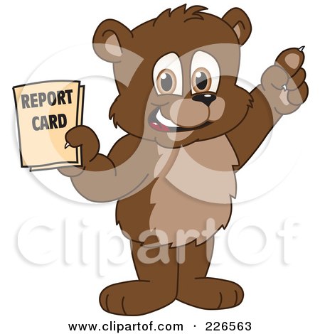 Royalty-Free (RF) Clipart Illustration of a Bear Cub School Mascot Holding A Report Card by Mascot Junction