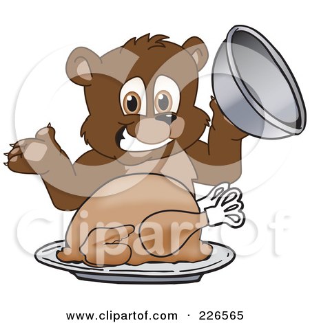 Royalty-Free (RF) Clipart Illustration of a Bear Cub School Mascot Serving A Thanksgiving Turkey by Mascot Junction