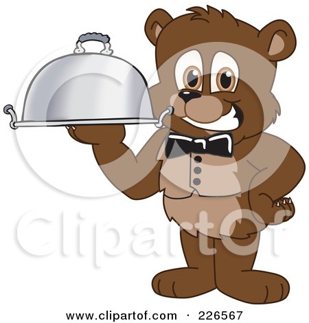 Royalty-Free (RF) Clipart Illustration of a Bear Cub School Mascot Waiter Serving A Platter by Mascot Junction