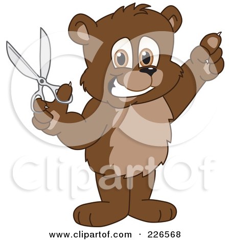 Royalty-Free (RF) Clipart Illustration of a Bear Cub School Mascot Holding Up Scissors by Mascot Junction