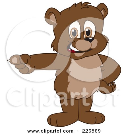 Royalty-Free (RF) Clipart Illustration of a Bear Cub School Mascot Pointing Left by Mascot Junction