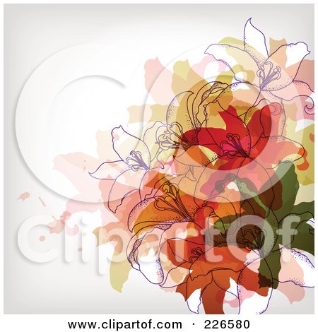 Royalty-Free (RF) Clipart Illustration of a Background Of Lilies Over Colorful Splatters by OnFocusMedia