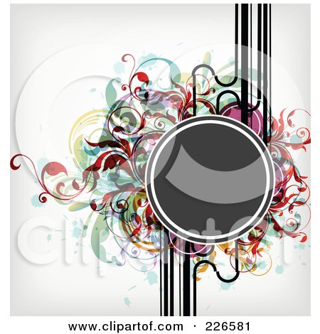 Royalty-Free (RF) Clipart Illustration of a Gray Circle Frame Bordered With Lines, Colorful Splatters And Foliage by OnFocusMedia