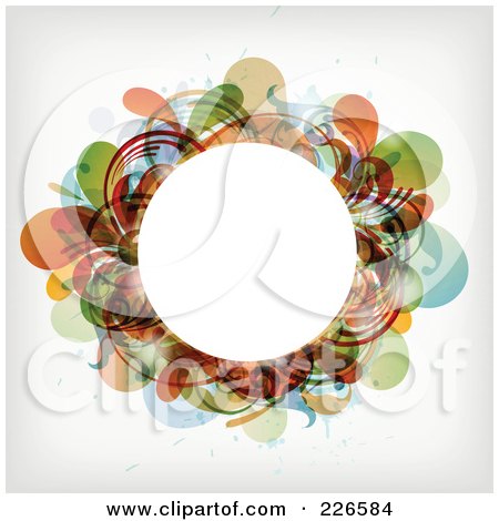 Royalty-Free (RF) Clipart Illustration of a White Circle Frame Bordered With Colorful Splatters And Foliage by OnFocusMedia