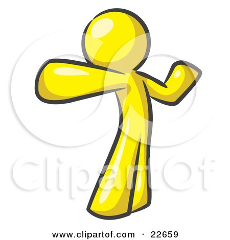 Clipart Illustration of a Yellow Man Stretching His Arms And Back Or Punching The Air by Leo Blanchette