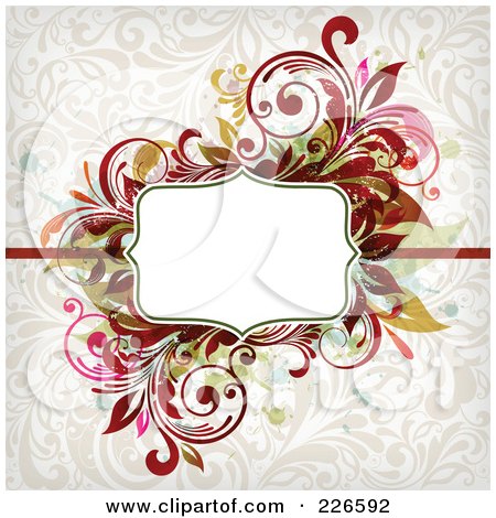 Royalty-Free (RF) Clipart Illustration of a White Text Space Bordered By Ornate Flourishes On A Beige Floral Background by OnFocusMedia