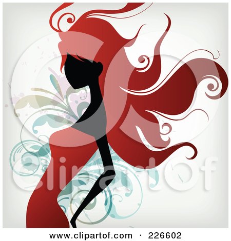 Royalty-Free (RF) Clipart Illustration of a Red Haired Woman In A Red Dress Over Splatters And Foliage by OnFocusMedia