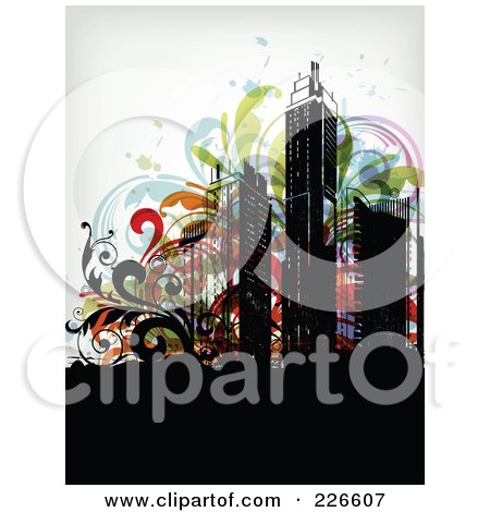 Royalty-Free (RF) Clipart Illustration of Silhouetted Skyscrapers Over Colorful Splatters And Foliage by OnFocusMedia