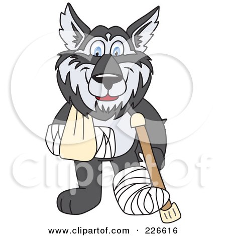Royalty-Free (RF) Clipart Illustration of a Husky School Mascot With A Sling, Cast And Crutch by Mascot Junction