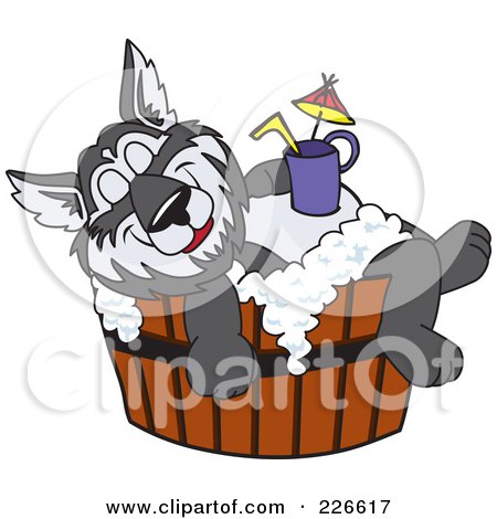 Royalty-Free (RF) Clipart Illustration of a Husky School Mascot Bathing In A Barrel With A Drink On His Belly by Mascot Junction