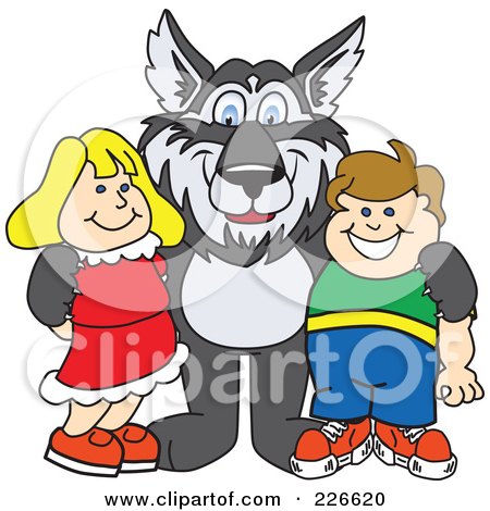 Royalty-Free (RF) Clipart Illustration of a Husky School Mascot With Students by Mascot Junction