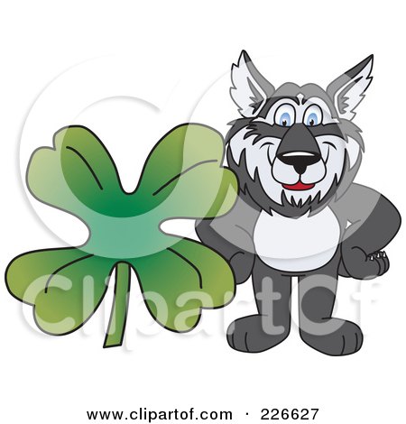 Royalty-Free (RF) Clipart Illustration of a Husky School Mascot With A Four Leaf Clover by Mascot Junction