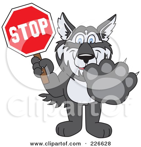 Royalty-Free (RF) Clipart Illustration of a Husky School Mascot Holding A Stop Sign by Mascot Junction