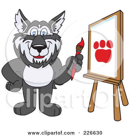 Royalty-Free (RF) Clipart Illustration of a Husky School Mascot Painting A Paw Print by Mascot Junction