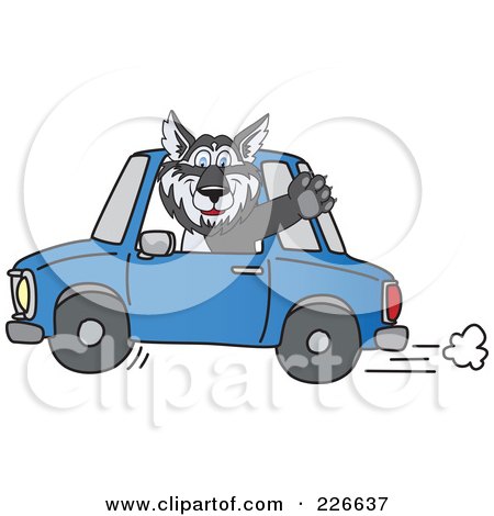 Royalty-Free (RF) Clipart Illustration of a Husky School Mascot Waving And Driving A Car by Mascot Junction