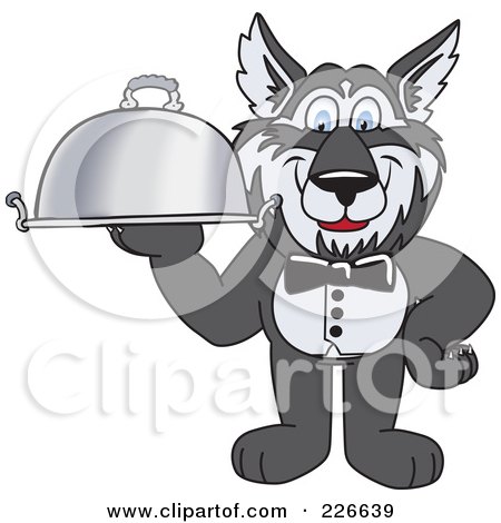 Royalty-Free (RF) Clipart Illustration of a Husky School Mascot Waiter Carrying A Platter by Mascot Junction