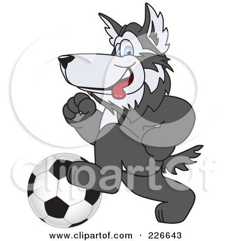 Royalty-Free (RF) Clipart Illustration of a Husky School Mascot Playing Soccer by Mascot Junction