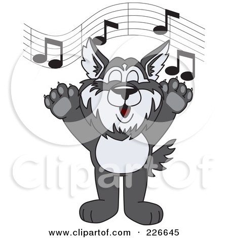 Royalty-Free (RF) Clipart Illustration of a Husky School Mascot Singing by Mascot Junction