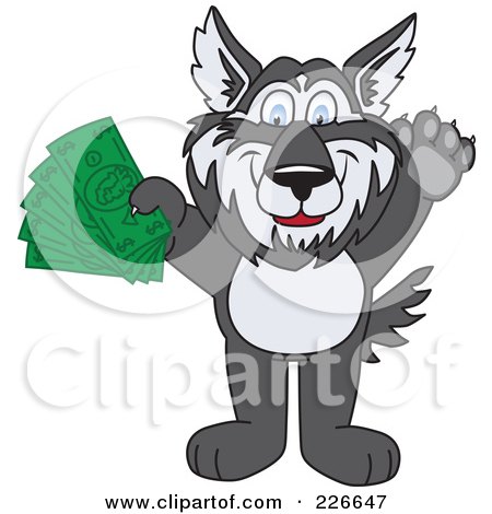 Royalty-Free (RF) Clipart Illustration of a Husky School Mascot Holding Cash by Mascot Junction