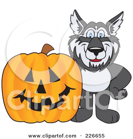 Royalty-Free (RF) Clipart Illustration of a Husky School Mascot With A Halloween Pumpkin by Mascot Junction
