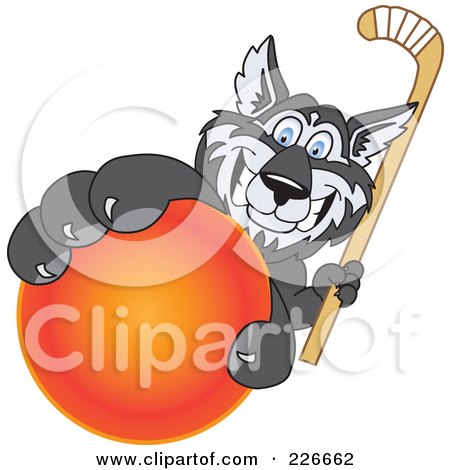 Royalty-Free (RF) Clipart Illustration of a Husky School Mascot Grabbing A Hockey Ball by Toons4Biz