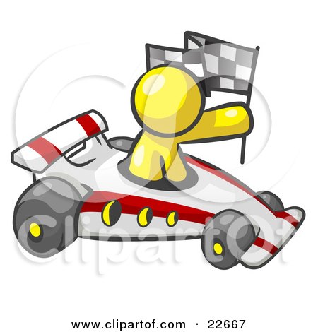 Clipart Illustration of a Yellow Man Driving A Fast Race Car Past Flags While Racing by Leo Blanchette
