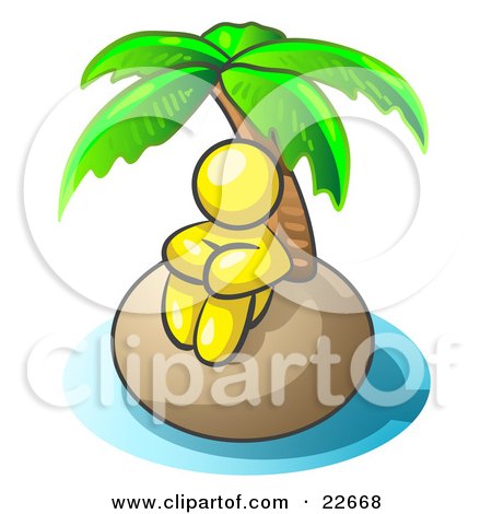 Clipart Illustration of a Yellow Man Sitting All Alone With A Palm Tree On A Deserted Island by Leo Blanchette