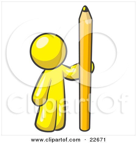 Clipart Illustration of a Yellow Man Holding Up And Standing Beside A Giant Yellow Number Two Pencil by Leo Blanchette