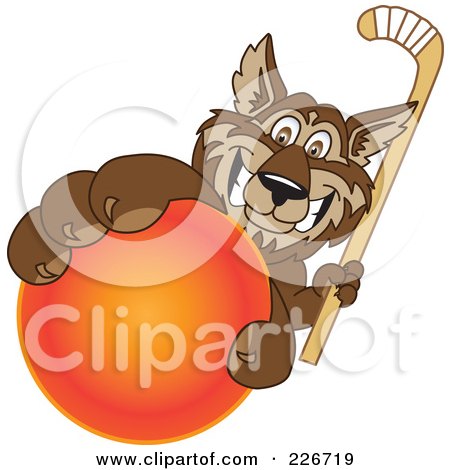 Royalty-Free (RF) Clipart Illustration of a Wolf School Mascot Grabbing A Hockey Ball by Toons4Biz