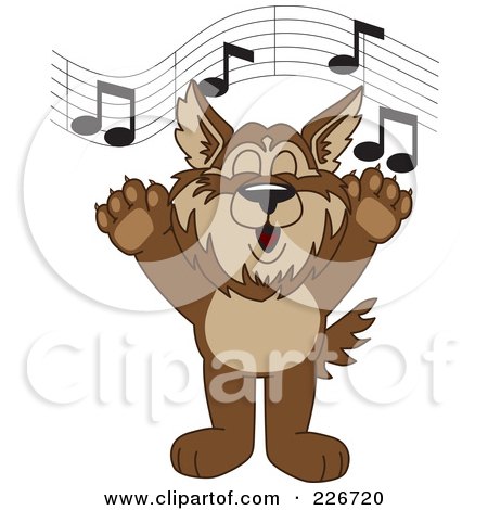 Royalty-Free (RF) Clipart Illustration of a Wolf School Mascot Singing by Mascot Junction