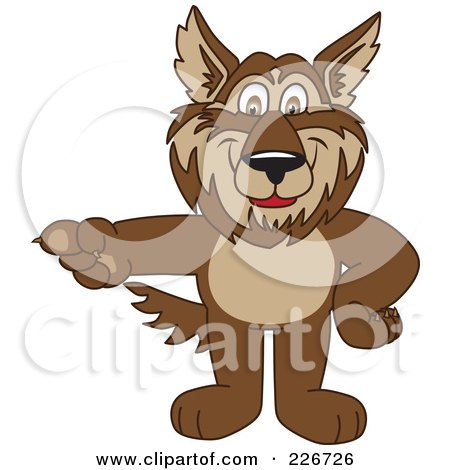 Royalty-Free (RF) Clipart Illustration of a Wolf School Mascot Pointing Left by Mascot Junction