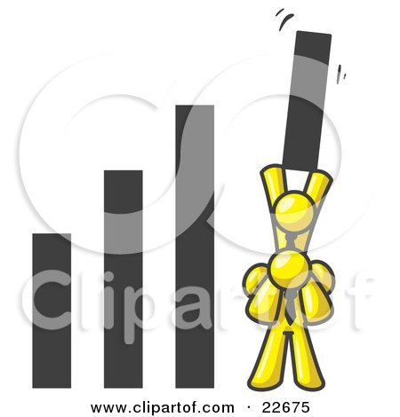 Clipart Illustration of a Yellow Man on Another Man's Shoulders, Holding up a Bar in a Graph by Leo Blanchette