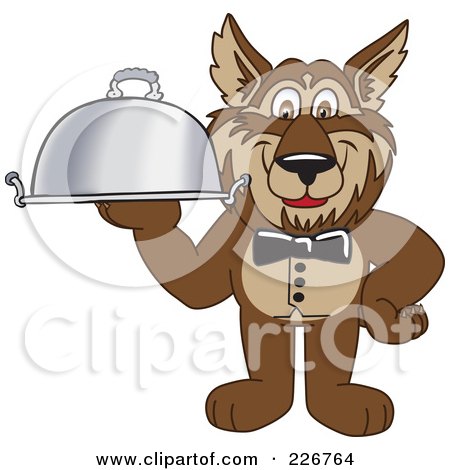 Royalty-Free (RF) Clipart Illustration of a Wolf School Mascot Waiter Serving A Platter by Toons4Biz