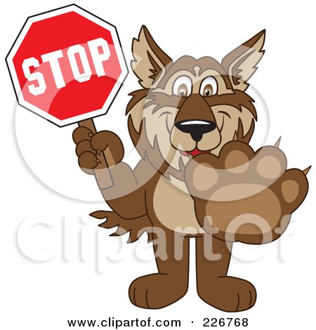 Royalty-Free (RF) Clipart Illustration of a Wolf School Mascot Holding A Stop Sign by Toons4Biz