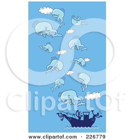 Royalty-Free (RF) Clipart Illustration of a Dead Whals Floating In The Sky Above A Whaling Ship Over Blue by Zooco