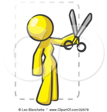 Clipart Illustration of a Yellow Lady Character Snipping Out A Coupon With A Pair Of Scissors Before Going Shopping by Leo Blanchette