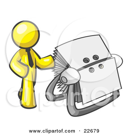 Clipart Illustration of a Yellow Businessman Standing Beside A Rotary Card File With Blank Index Cards by Leo Blanchette
