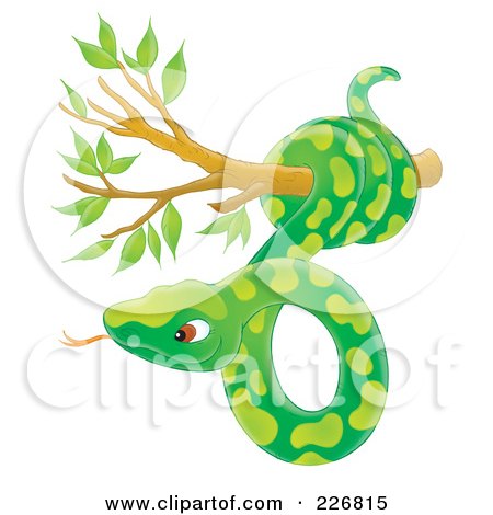 Royalty-Free (RF) Clipart Illustration of an Airbrushed Green Snake In A Tree by Alex Bannykh